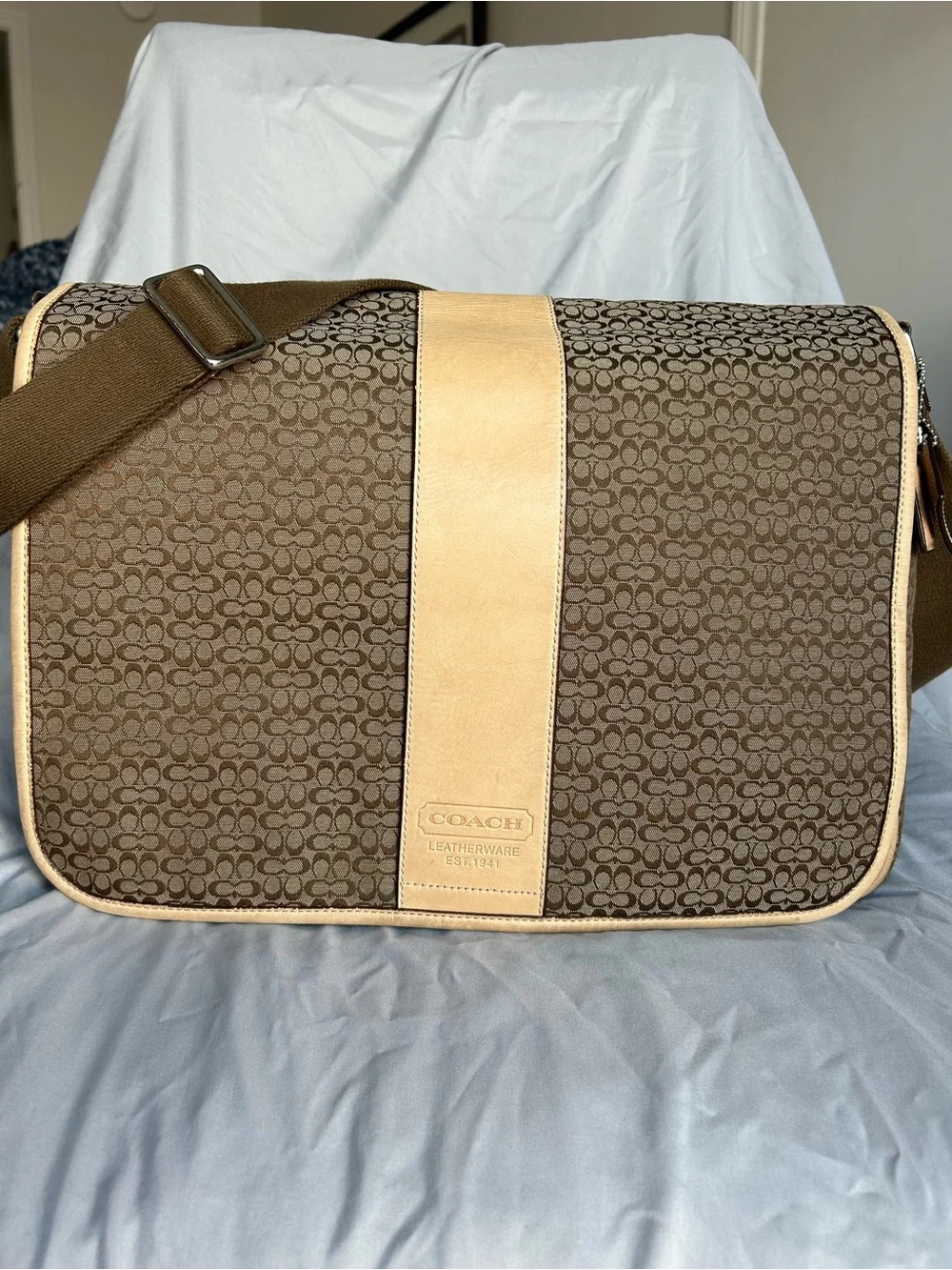 Coach Signature Canvas Laptop Messenger in Brown with Tan Trim
